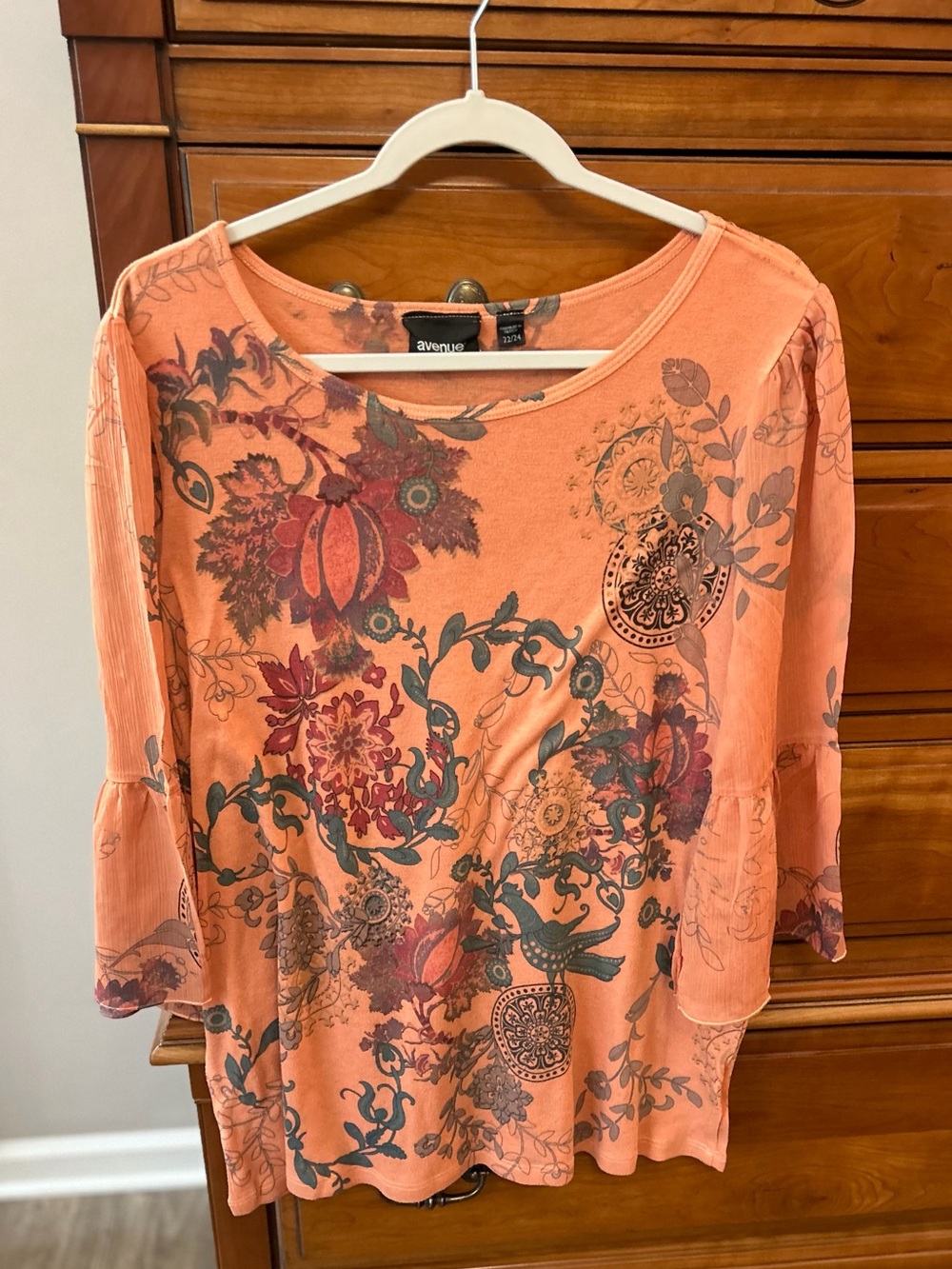 Avenue Coral Floral Paisley Scoop Neck Long Sleeve Top